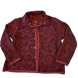 Coldwater Creek women's burgundy floral reversible button-down shaket size PM